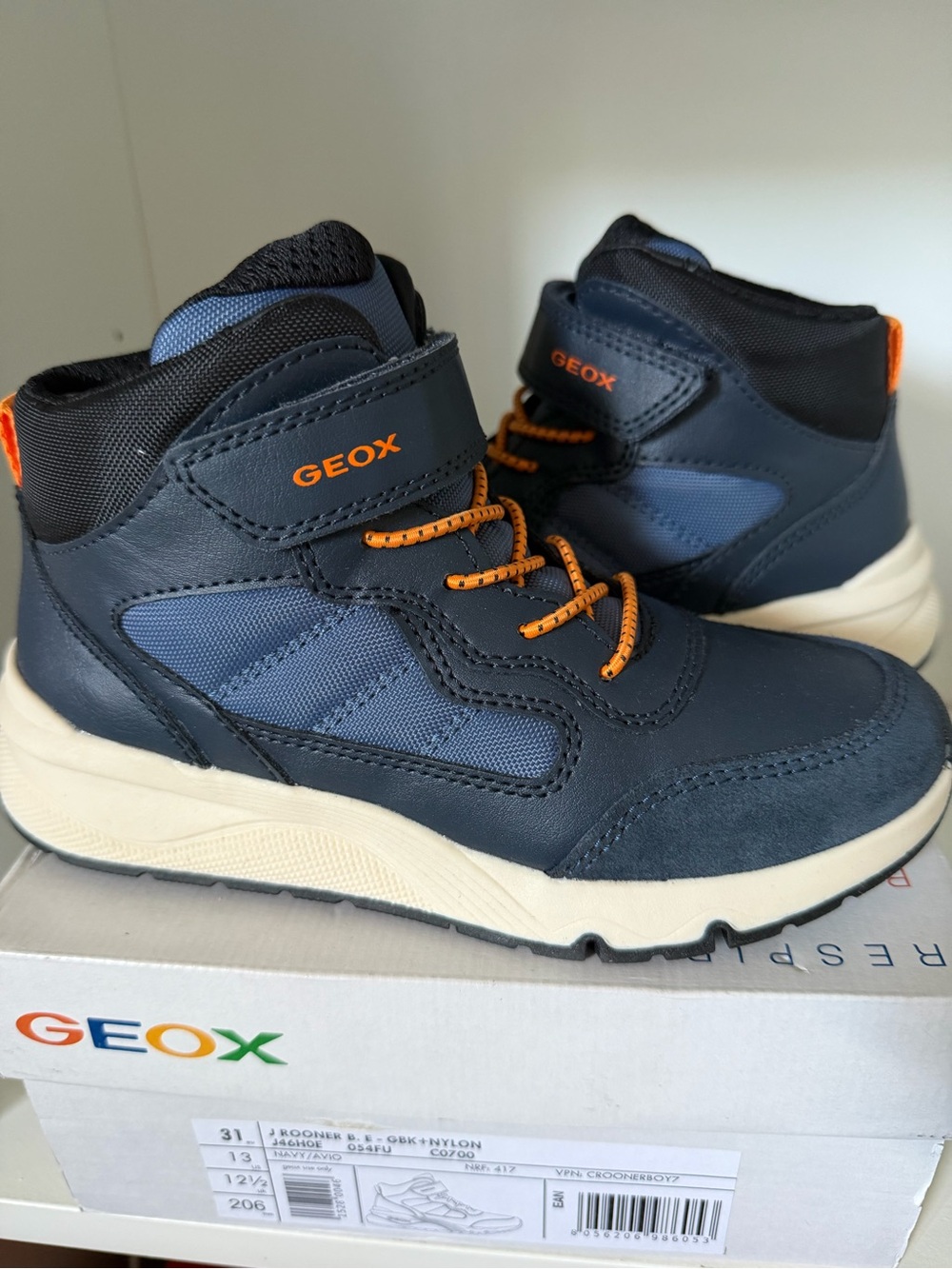 Geox Kids Navy and Orange High-Top Sneakers Size 13